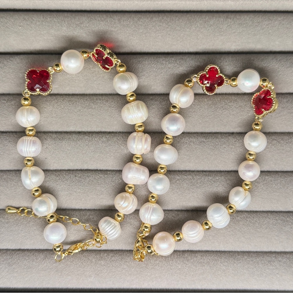 Elegant Pearl and Red Floral Bracelet